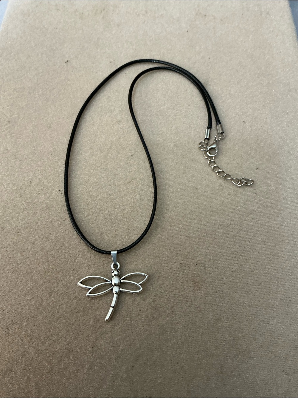 Silver Dragonfly Pendant on Black Cord Necklace
